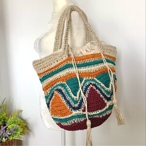 Zara Crochet Wave Tote in Teal, Mustard, Burgundy & Beige